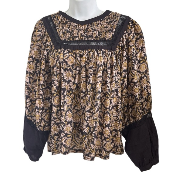 Anthropologie Cleobella Boho Romantic Floral Lace Balloon Sleeves Black Tan Sz S - Picture 1 of 4